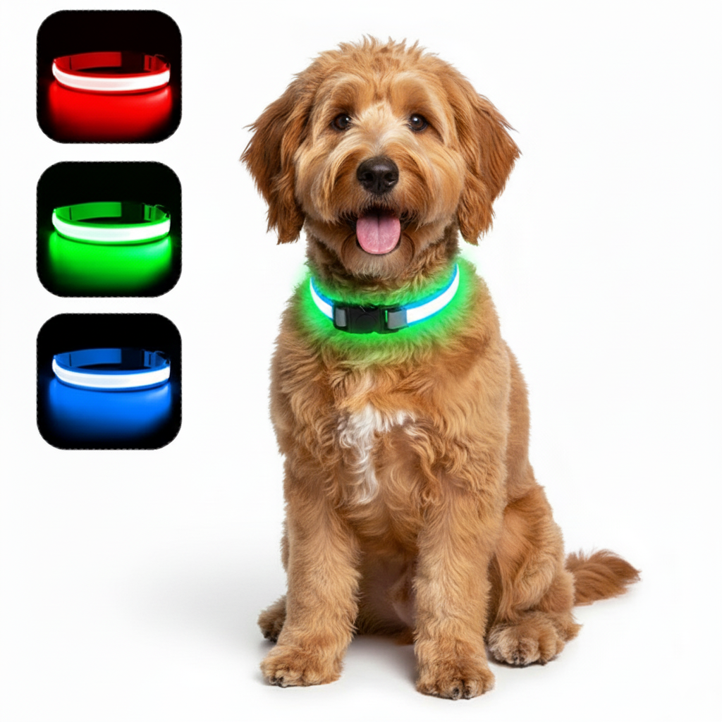 Dog wearing a glowing green collar with color options displayed.